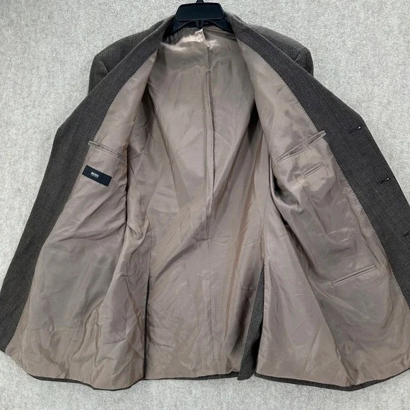 Hugo Boss Scorsese Blazer Jacket Mens 42L Brown Virgin Wool Micro Check 3 Button